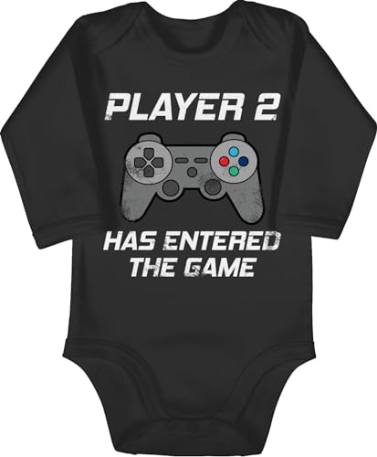 Baby Body langarm Mädchen Junge - Partner-Look Familie - Player 2 has entered the game Controller grau - 3/6 Monate - Schwarz - geburt gamer strampler babybody born gaming bodies pregnancy von Shirtracer