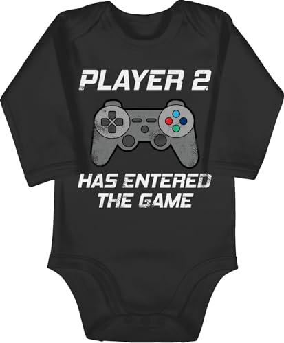 Baby Body langarm Mädchen Junge - Partner-Look Familie - Player 2 has entered the game Controller grau - 3/6 Monate - Schwarz - partner looks strampler geschenk zur geburt nerd babybody born gamer von Shirtracer
