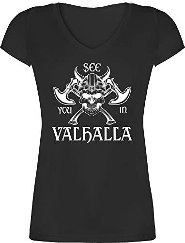 T-Shirt Damen V Ausschnitt - Wikinger & Walhalla - See You in Valhalla - 3XL - Schwarz - Totenkopf t Shirts Viking vikinger Shirt Frauen Wikinger. Skull Tshirt nordmann vallhallah Neck nordmänner von Shirtracer