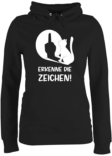 Pullover Damen Hoodie Frauen - Erkenne die Zeichen Katze - Stinkefinger Winkelkatze Mittelfinger Katzen - XS - Schwarz - Geburtstagsgeschenk für Katzenliebhaber katzenmotiv katzensprüche von Shirtracer