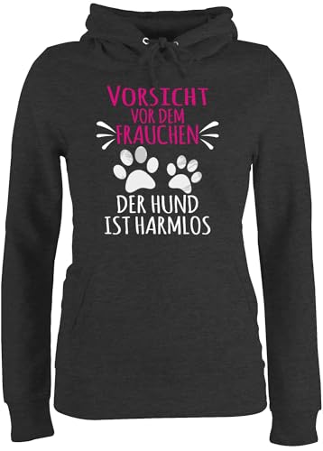 Pullover Damen Hoodie Frauen - Geschenk für Hundebesitzer - Vorsicht vor dem Frauchen - Pfotenabdrücke - weiß - XS - Anthrazit meliert - hundepullover hundefan Hund Fun-Kapuzenpullover von Shirtracer