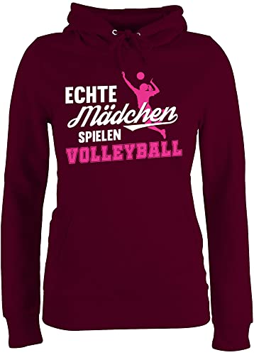 Pullover Damen Hoodie Frauen - Geschenke Zubehör - Echte Mädchen Spielen Volleyball weiß/Fuchsia - S - Burgundrot - vollyball Geschenk volleyballer Kapuze Sport Hoody mit von Shirtracer