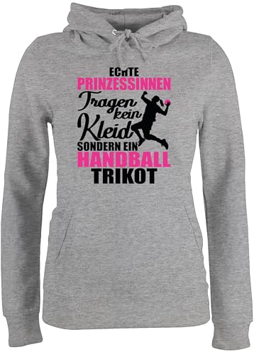 Pullover Damen Hoodie Frauen - EM 2026 Ersatz - Echte Prinzessinnen tragen kein Kleid sondern EIN Handball Trikot - schwarz/Fuchsia - M - Grau meliert - Pulli Handballer Kapuzenpulli hanball von Shirtracer