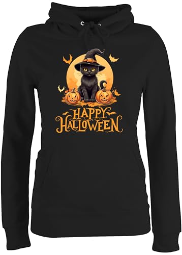 Pullover Damen Hoodie Frauen - Happy Halloween Katze Hexenhut Lustig Katzenliebhaber Cat - XXL - Schwarz - Hallowen halloweem Haloween gruseliges hallooween hlloween heeloween Halloweenparty grusel von Shirtracer