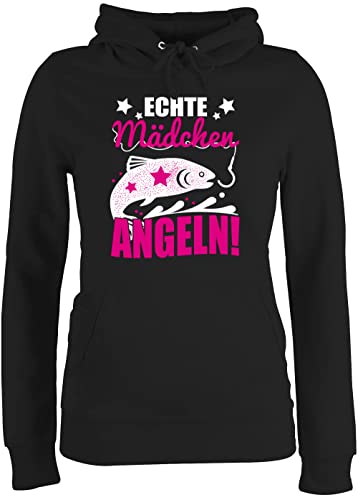 Pullover Damen Hoodie Frauen - Hobby Outfit - Echte Mädchen Angeln Fisch - XL - Schwarz - Angler Pulis Angel Sport Hoddies Angel- Hoody Motto kapuzepulli sprüche hoddis Hoodys Pulli für von Shirtracer