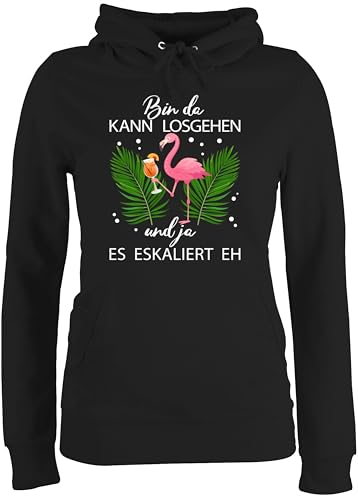 Pullover Damen Hoodie Frauen - Karneval & Fasching - Bin da kann losgehen und ja es eskaliert eh I Flamingo Kostüm Lustig Mallorca - M - Schwarz - karnevalspullover Faschings Malle Pulli von Shirtracer