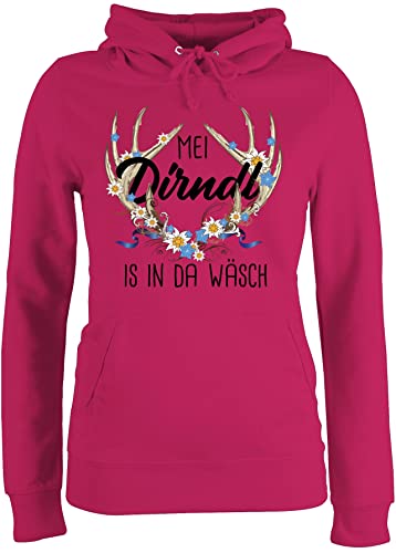 Pullover Damen Hoodie Frauen - Kompatibel Oktoberfest - MEI Dirndl is in da Wäsch - mit Hirschgeweih und Edelweiß - S - Fuchsia - trachtenhoody bayrische Mein Fun-Kapuzenpullover trachtenpullover von Shirtracer