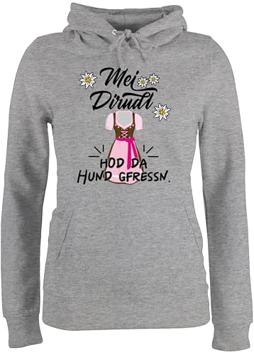 Pullover Damen Hoodie Frauen - Kompatibel mit Oktoberfest - MEI Dirndl hod da Hund gefressen I - L - Grau meliert - trachtenhoody bayrische pullis trachtenpullover bayrisch Mein Kapuzenpullover von Shirtracer