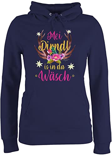 Pullover Damen Hoodie Frauen - Kompatibel mit Oktoberfest - MEI Dirndl is in da Wäsch - Hirschgeweih - XL - Navy Blau - trachtenhoody bayrische Hirsch Hoodies trachtenpullover bayrisch wäsche von Shirtracer