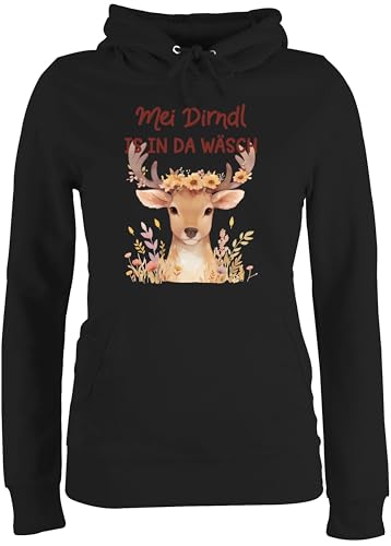 Pullover Damen Hoodie Frauen - Kompatibel mit Oktoberfest - MEI Dirndl is in da Wäsch | Hirschkopf | Volksfest Hirsch | Trachtenfans - S - Schwarz - trachtenhoody bayrische der Pulli von Shirtracer