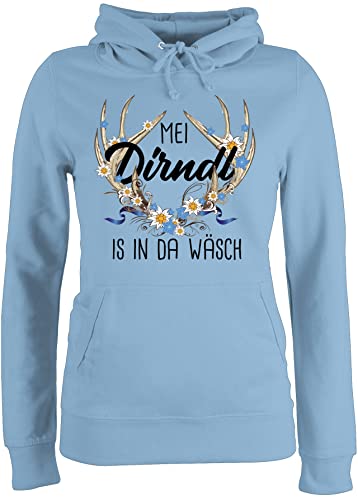 Pullover Damen Hoodie Frauen - Kompatibel Oktoberfest - MEI Dirndl is in da Wäsch - mit Hirschgeweih und Edelweiß - L - Hellblau - Tracht bayrisches der Oberteil Trachten+Pullover+Damen bayrische von Shirtracer