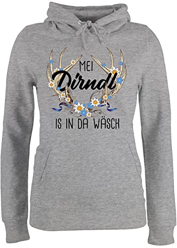 Pullover Damen Hoodie Frauen - Kompatibel Oktoberfest - MEI Dirndl is in da Wäsch - mit Hirschgeweih und Edelweiß - S - Grau meliert - Bayern Pulli Munich Langarm bayrischer Abend Hoodies für von Shirtracer