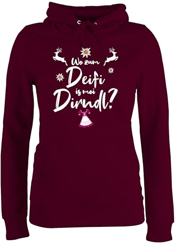 Pullover Damen Hoodie Frauen - Kompatibel mit Oktoberfest - Wo zum Deifi is MEI Dirndl Hirsche - XL - Burgundrot - Trachten trachtenhoody bayrische Hirsch Fun-Kapuzenpullover bayrischer von Shirtracer