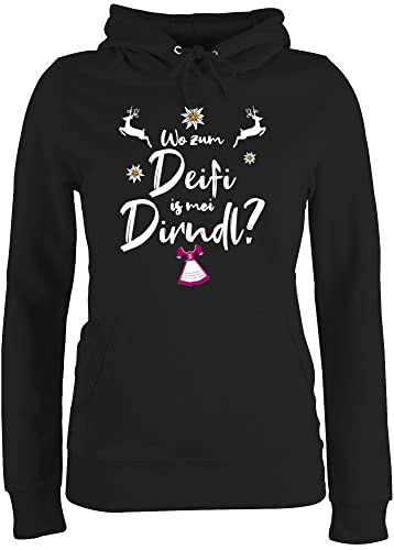 Pullover Damen Hoodie Frauen - Kompatibel mit Oktoberfest - Wo zum Deifi is MEI Dirndl Hirsche - XS - Schwarz - Trachten trachtenpulli bayrische Hirsch Fun-Kapuzenpullover bayrischer von Shirtracer