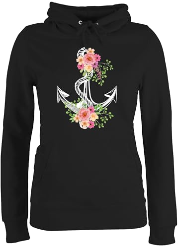 Pullover Damen Hoodie Frauen - Kunst - Blumiger Anker - Weiß - L - Schwarz - Klamotten Art Blume Pulli Maritime Blumen Hoddies maritim hoddys Kapuzenpullover hoddis hudis Plovers Hoody Kapuze von Shirtracer