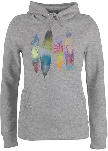 Pullover Damen Hoodie Frauen - Kunst - Federn Wasserfarbe Watercolor Feathers - M - Grau meliert - Oberteile bunt pullis Kadin kiyafetleri Pulli Plovers Damenpullover Kapuzenpullover mädchen Fluffy von Shirtracer