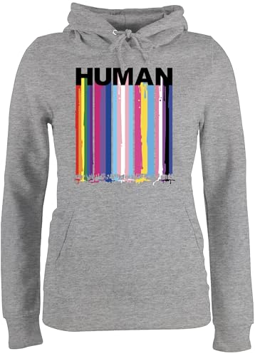 Pullover Damen Hoodie Frauen - LGBTQ Kleidung Pride Flag - Human Blockschrift Regenbogen Farben Tropfen - M - Grau meliert - LGBT Queer Kapuzenpullover lgbtqia Regenbogenfarben Pulli Gay Hoody lqbtq von Shirtracer