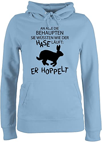 Pullover Damen Hoodie Frauen - Oster Outfit - Der Hase hoppelt - L - Hellblau - kleinigkeit zu Ostern Erwachsene Kapuzenpulli Geschenk Pulli Frohe hoddis hodi Hoody mit Kapuze Hoodies Hoodies/pullis von Shirtracer