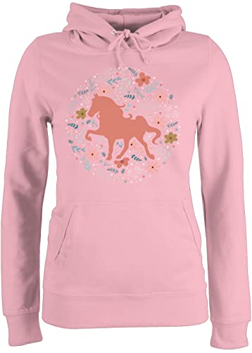 Pullover Damen Hoodie Frauen - Pferde - Pferd mit Blumen - L - Hellrosa - Geschenk Reiterin (Pferd) Pferd, Horse pferdegeschenke Reitsport pferdesprüchen Schrift über sprüche reiten Erwachsene von Shirtracer