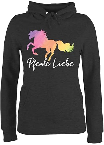 Pullover Damen Hoodie Frauen - Pferde Liebe mit Buntem Pferd - S - Anthrazit meliert - pferdepullover reitoberteil pferdeliebhaber für Reitlehrerin Pulli pferdepullies mädchen pferdepulloverdamen von Shirtracer