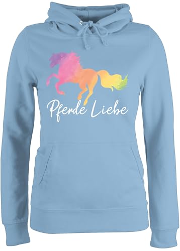 Pullover Damen Hoodie Frauen - Pferde Liebe mit Buntem Pferd - L - Hellblau - pferdepullover reitoberteil pferdeliebhaber für Reitlehrerin Pulli pferdepullies mädchen pferdepulloverdamen reiten von Shirtracer