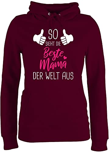 Pullover Damen Hoodie Frauen - So Sieht die Beste Mama der Welt aus mit Daumen weiß - XXL - Burgundrot - muttertagsgeschenk personalisiert Mum Pulli mutterzagsgeschenke mütter Hoody von Shirtracer