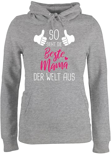 Pullover Damen Hoodie Frauen - So Sieht die Beste Mama der Welt aus mit Daumen weiß - XXL - Grau meliert - muttertagsgeschenk personalisiert Mum Pulli mutterzagsgeschenke mütter Hoody von Shirtracer