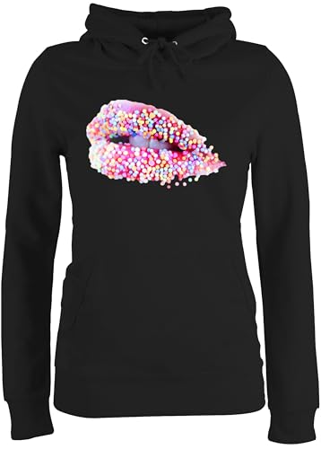 Pullover Damen Hoodie Frauen - Sprüche Statement - Candy Lips Lippen Zucker Mund - M - Schwarz - Statement-Pullover mit Aufschrift lippe Hoodies Statements kussmund Hoody sprüchen￼ Spruch von Shirtracer