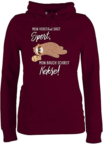 Pullover Damen Hoodie Frauen - Sprüche Statement - Mein Bauch schreit Kekse! Faultier - L - Burgundrot - Sport Spruch Oberteile verstand SAGT Hoody Kekse mit Kapuze ! für Pulli Kapuzenpullover von Shirtracer