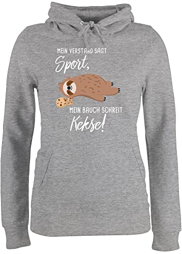 Pullover Damen Hoodie Frauen - Sprüche Statement - Mein Bauch schreit Kekse! Faultier - L - Grau meliert - Hoodies Sport Kapuzenpulli faultieren pullis Kekse katzenpulli Kekse, Kapuze ! Pulli von Shirtracer