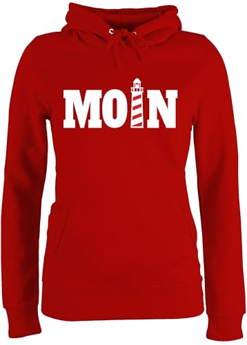 Pullover Damen Hoodie Frauen - Sprüche Statement - Moin mit Leuchtturm I - L - Rot - Statement-Pullover Statements Hamburg Pulli sprüchen￼ nordsee pullis Aufschrift Moin,Moin hoddys Spruch von Shirtracer