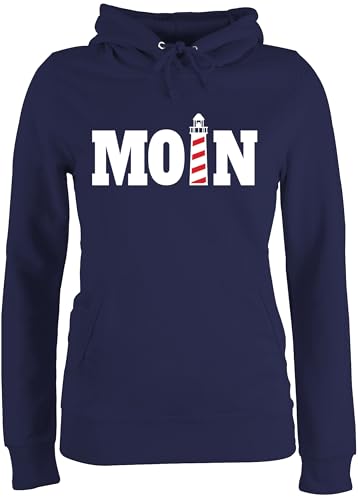 Pullover Damen Hoodie Frauen - Sprüche Statement - Moin mit Leuchtturm I - S - Navy Blau - Statement-Pullover Statements Hamburg Pulli sprüchen￼ nordsee pullis Aufschrift Moin,Moin hoddys Spruch von Shirtracer
