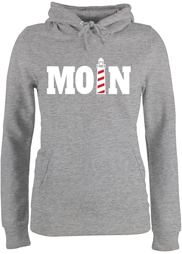 Pullover Damen Hoodie Frauen - Sprüche Statement - Moin mit Leuchtturm I - XL - Grau meliert - Statement-Pullover Statements Hamburg Pulli sprüchen￼ nordsee pullis Aufschrift Moin,Moin hoddys von Shirtracer