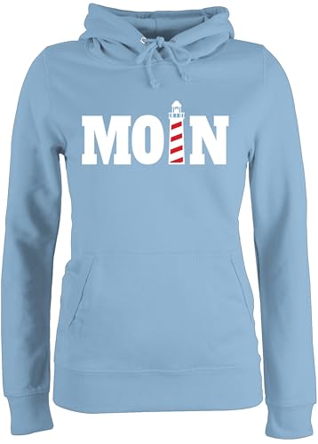Pullover Damen Hoodie Frauen - Sprüche Statement - Moin mit Leuchtturm - weiß - XS - Hellblau - Statement-Pullover Statements Hamburg Pulli sprüchen￼ nordsee pullis Aufschrift Moin,Moin hoddys von Shirtracer