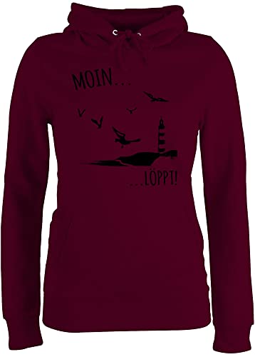 Pullover Damen Hoodie Frauen - Sprüche Statement - Moin...Löppt! - schwarz - L - Burgundrot - Statement-Pullover mit Aufschrift Moin Fun-Kapuzenpullover Statements nordsee Pulli sprüchen￼ von Shirtracer