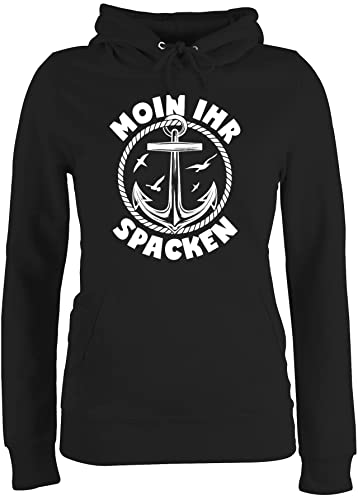 Pullover Damen Hoodie Frauen - Sprüche Statement Spruch - Moin Ihr Spacken mit Anker I - XXL - Schwarz - sprüche+Pullover sprueche spacke Fun-Kapuzenpullover Frau sprüchen Moin,Moin pullis von Shirtracer