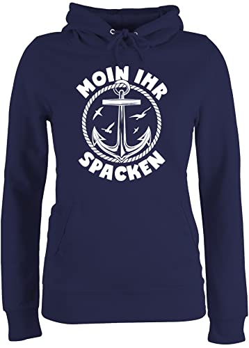 Pullover Damen Hoodie Frauen - Sprüche Statement Spruch - Moin Ihr Spacken mit Anker - weiß - M - Navy Blau - sprüche+Pullover sprueche spacke Fun-Kapuzenpullover Frau sprüchen Moin,Moin pullis von Shirtracer