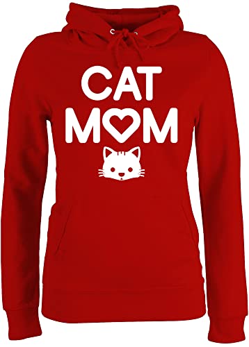 Pullover Damen Hoodie Frauen - Sprüche Statement mit Spruch - Cat Mom Katzenkopf - XS - Rot - sprüche+Pullover sprueche Katze Pulli Frau sprüchen Katzen hoddys Kapuzenpulli spruechen catmom von Shirtracer