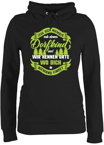 Pullover Damen Hoodie Frauen - Sprüche Statement Spruch - Lege Dich nie mit einem Dorfkind an V2 - S - Schwarz - sprüche+Pullover sprueche Dorf pullis Frau sprüchen Bauer Pulli Kapuzenpulli von Shirtracer