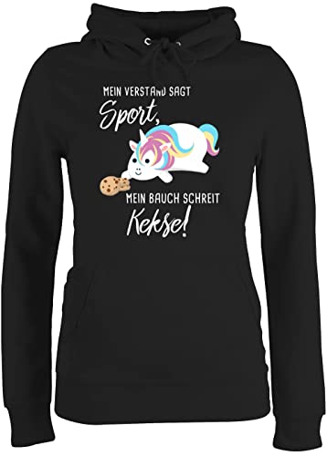 Pullover Damen Hoodie Frauen - Sprüche Statement - Mein Bauch schreit Kekse! Einhorn - XS - Schwarz - einhornhoodi mit Aufschrift verstand SAGT Sport Fun-Sweatshirts Hoody Spruch Unicorn polower von Shirtracer