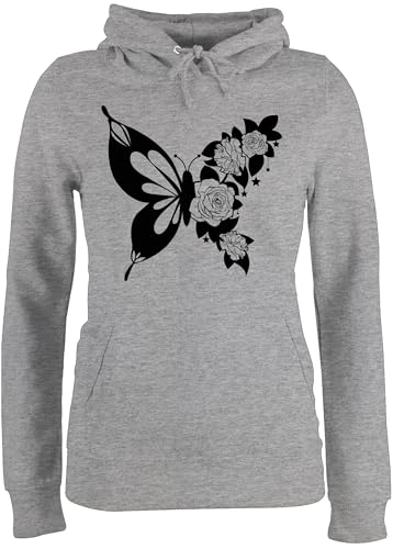 Pullover Damen Hoodie Frauen - Tiere Meerschweinchen Hase & Co. - Schmetterling mit Blumen - schwarz - M - Grau meliert - Tieren tiermotiv Schmetterlinge Pulli Animal Schmetterlingen Hoody von Shirtracer