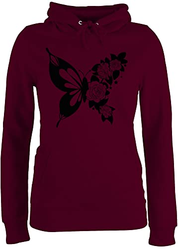 Pullover Damen Hoodie Frauen - Tiere Meerschweinchen Hase & Co. - Schmetterling mit Blumen - schwarz - S - Burgundrot - Tieren Schmetterlinge Hoody Tier Schmetterlingen Pulli tiermotiv Blume von Shirtracer