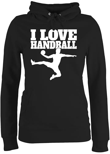 Pullover Damen Hoodie Frauen - EM 2026 Trikot Ersatz - I Love Handball mit Silhouette - weiß - M - Schwarz - Handballer mädchen hanball halbball Handball. Handball, beachhandball wm 2022 Fans Fan von Shirtracer