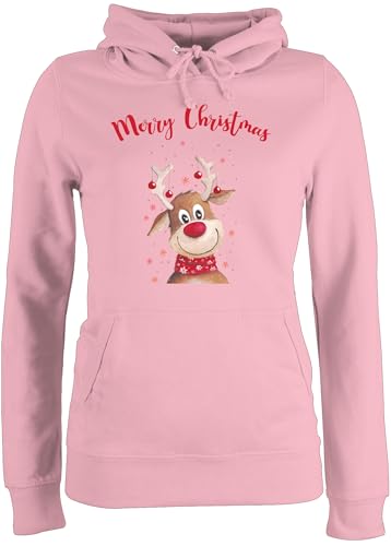 Pullover Damen Hoodie Frauen - Weihnachten - Merry Christmas Rentier I Elch - XS - Hellrosa - Weihnachtspullover weihnachtspullis weihnachtsmotiv Familie Hoody weihnachtspulli weinachtshoodies von Shirtracer