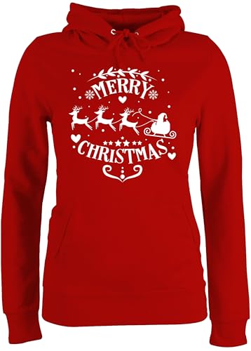 Pullover Damen Hoodie Frauen - Weihnachten Geschenke Bekleidung - Merry Christmas Weihnachtsmann und Rentiere weiß - S - Rot - weinachtspullis weihnachtspullis weihnachtsmotiv weihnachtsman von Shirtracer