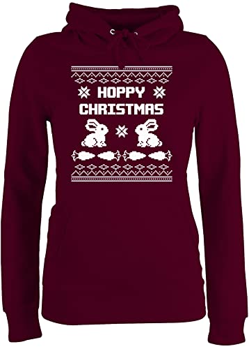 Pullover Damen Hoodie Frauen - Weihnachten Geschenke Bekleidung - Ugly Christmas I Hoppy Christmas Hase - S - Burgundrot - weinachtshoodies weihnacht Hasen Kadin kiyafetleri weihnachtsaccesoir von Shirtracer