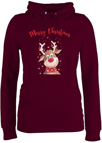 Pullover Damen Hoodie Frauen - Weihnachten - Merry Christmas Rentier I Elch - S - Burgundrot - Weihnachtspullover weihnachtspullis weihnachtsmotiv Familie Hoody weihnachtspulli weinachtshoodies von Shirtracer