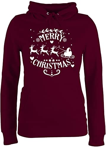 Pullover Damen Hoodie Frauen - Weihnachten Geschenke Bekleidung - Merry Christmas Weihnachtsmann und Rentiere weiß - S - Burgundrot - weinachtspullis weihnachtspullis weihnachtsmotiv weihnachtsman von Shirtracer