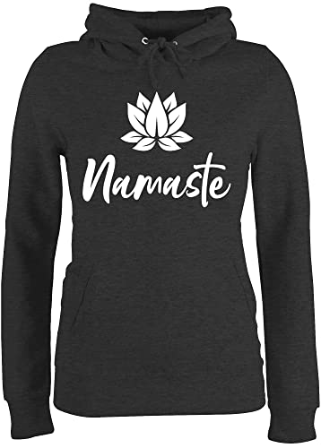 Pullover Damen Hoodie Frauen - Yoga und Wellness Geschenk - Namaste mit Lotusblüte weiß - S - Anthrazit meliert - lotusblüten Hoodies/pullis Lotus Joga Kapuzen Hoodies Fans pullis Geschenke für von Shirtracer