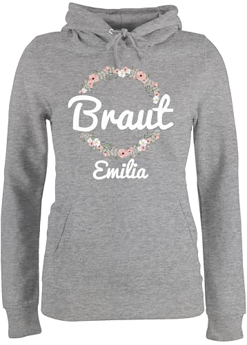 Pullover Damen Hoodie Frauen personalisiert Namen - JGA Junggesellenabschied - Braut mit Blumenkranz Weiss - L - Grau meliert - brautpullover junggesellinnenabschied Bride Pulli jungesellenabschied von Shirtracer